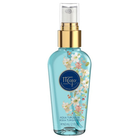 Maja Aqua Turquesa fragrance mist in a 60ml spray bottle, featuring a vibrant blue design and floral scent.