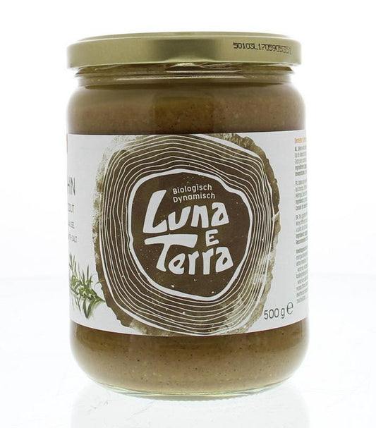 Luna E Terra Tahin met zout Demeter bio, 500g jar, creamy sesame spread ideal as broodbeleg with natural ingredients.