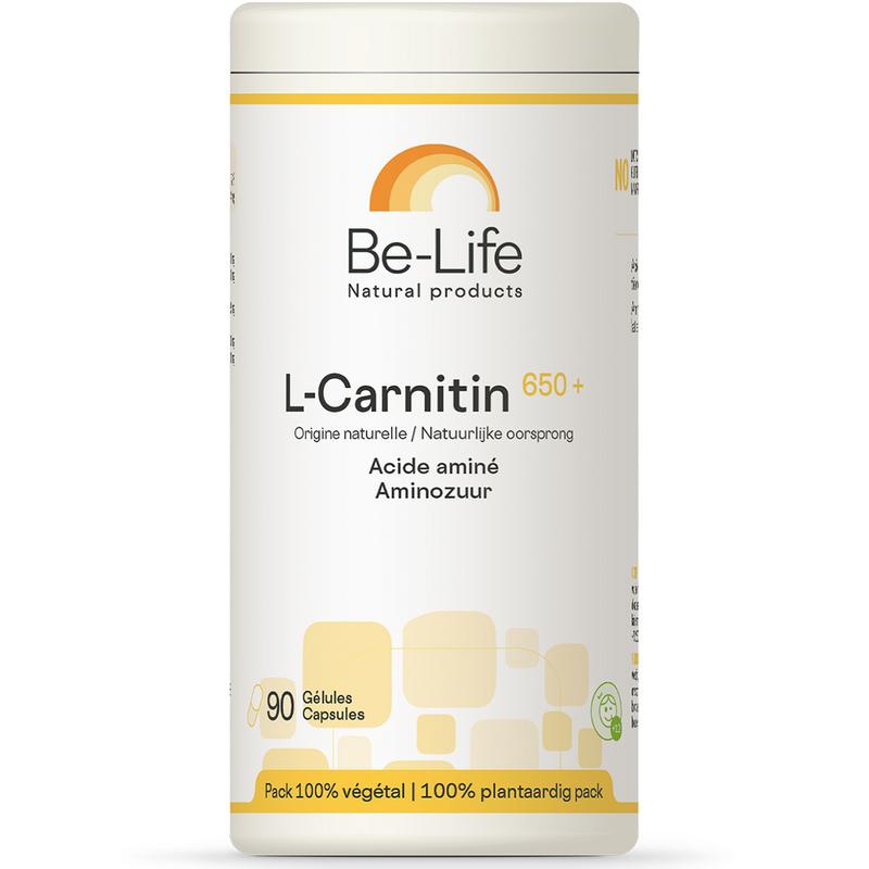 Be-Life L-Carnitin 650+ amino acid capsules in a bottle, showing 90 capsules for dietary supplement and energy support.