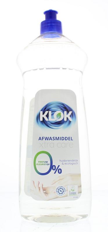 Bottle of Klok Afwasmiddel Xtra Care dish soap in 1-liter size with label showing product details and brand logo.