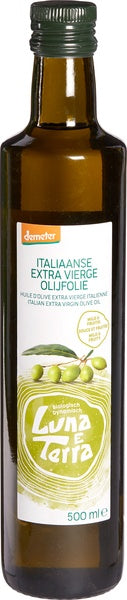 Luna E Terra extra virgin Demeter organic olive oil in a 500ml bottle, showcasing a dark glass container and label.