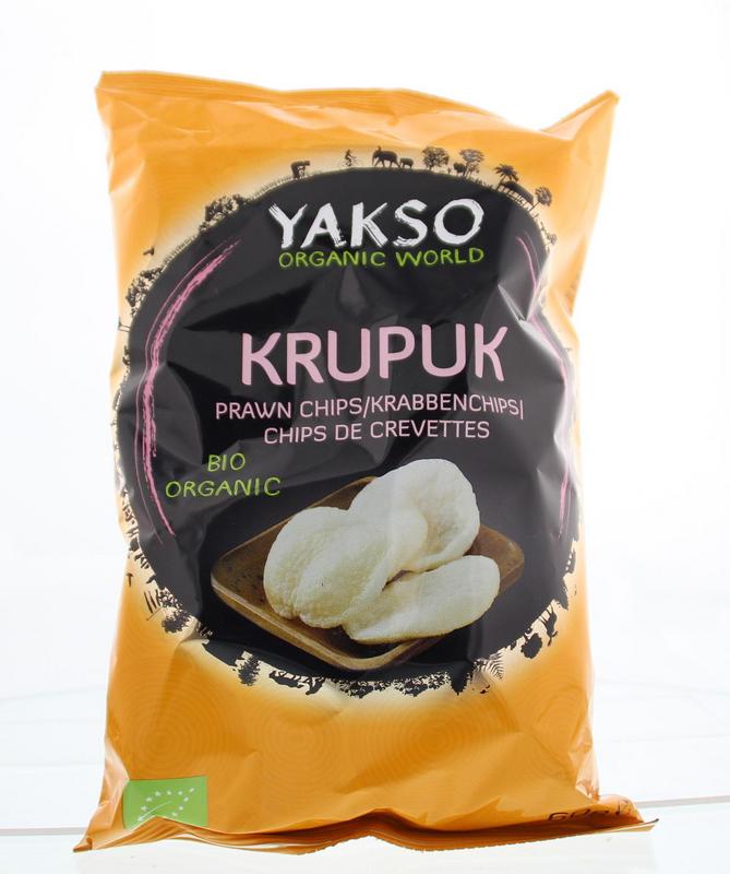 Yakso Krupuk bio chips en zoutjes in 60g package, featuring crispy, salted Indonesian snack chips with natural ingredients.
