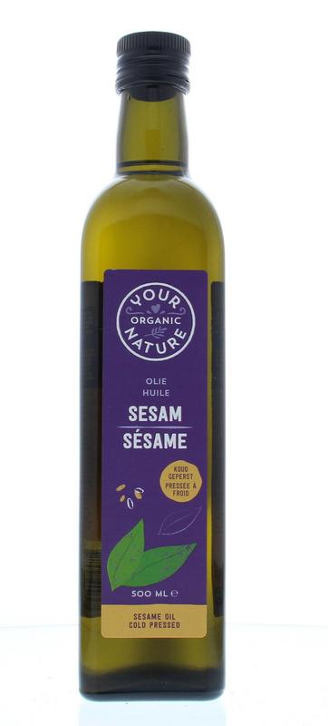 Organic sesame oil by Your Organic Nature in a 500ml bottle, showcasing the clear, golden liquid suitable for cooking and dressings.