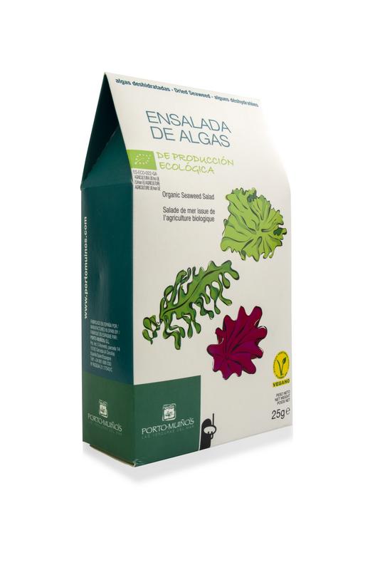 Organic Porto-Muinos Zeewierenmix with three types of seaweed, 25 grams, for enhancing vegetable and potato dishes.