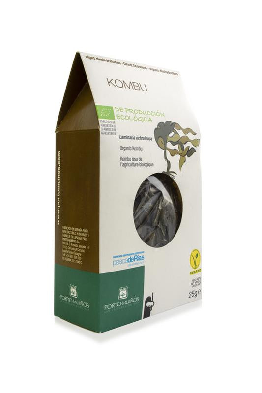 Porto-Muinos bio Kombu vlokken, 25g, with fresh green seaweed flakes on a white background.
