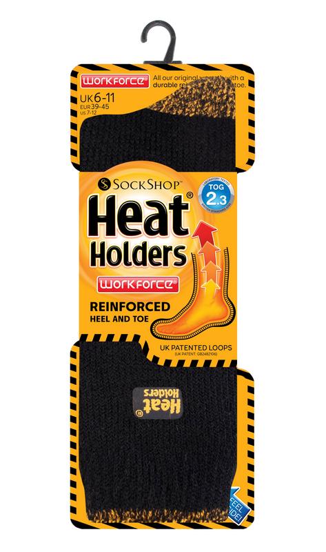 Black Heat Holders men's workforce socks size 6-11, thick and warm for cold weather, shown in a close-up image.