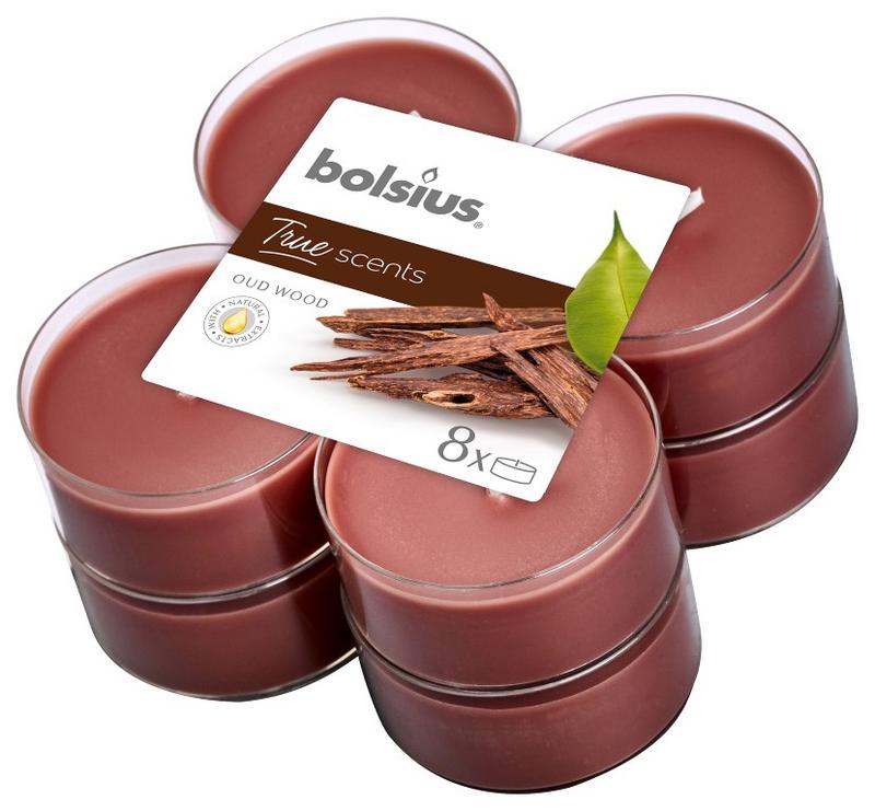 Bolsius True Scents Maxilicht old wood candles, set of 8, decorative candles with a warm wood scent.