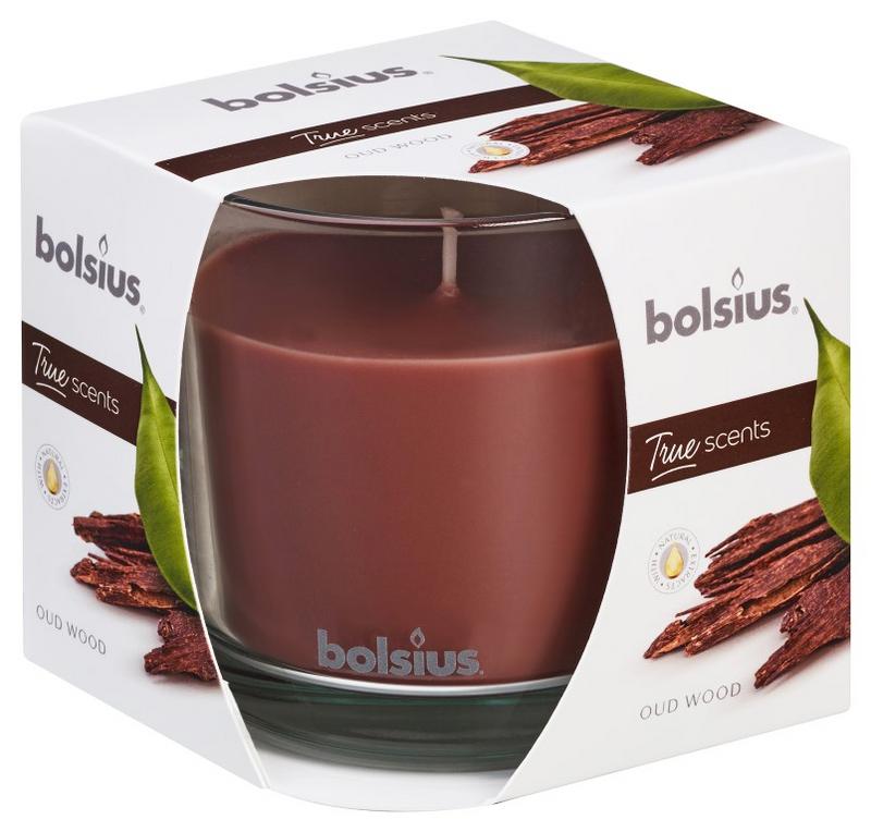 Bolsius True Scents old wood scented candle in glass jar, 95/95 size, showing the candle with a natural wood fragrance.