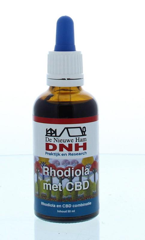 Dr B Rhodiola met CBD tinctuur in 50ml bottle, herbal supplement with dropper for daily wellness and stress support.