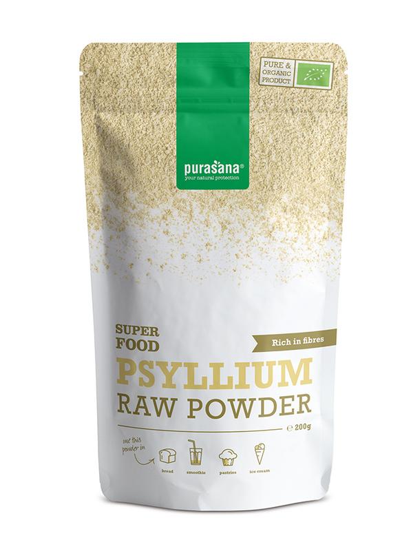 Purasana Psyllium powder in a 200g vegan organic package, raw superfood supplement with fine, light brown powder visible.
