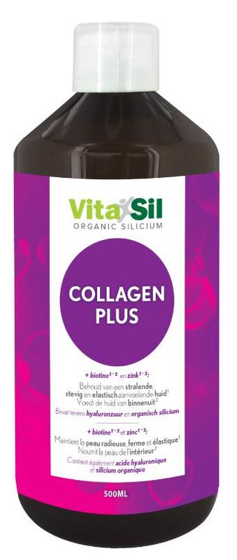 Vitasil Collagen Plus herbal supplement bottle, 500ml, in a clear container with a label displaying product details.