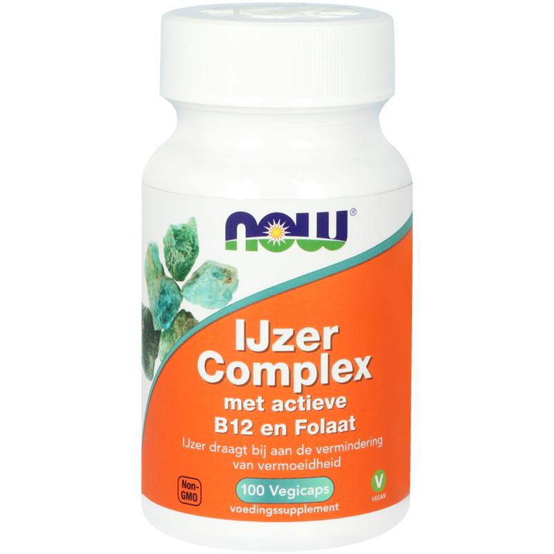 NOW Iron Complex vegetarian capsules with active B12 and folate, mineral supplement for enhanced iron and vitamin support.