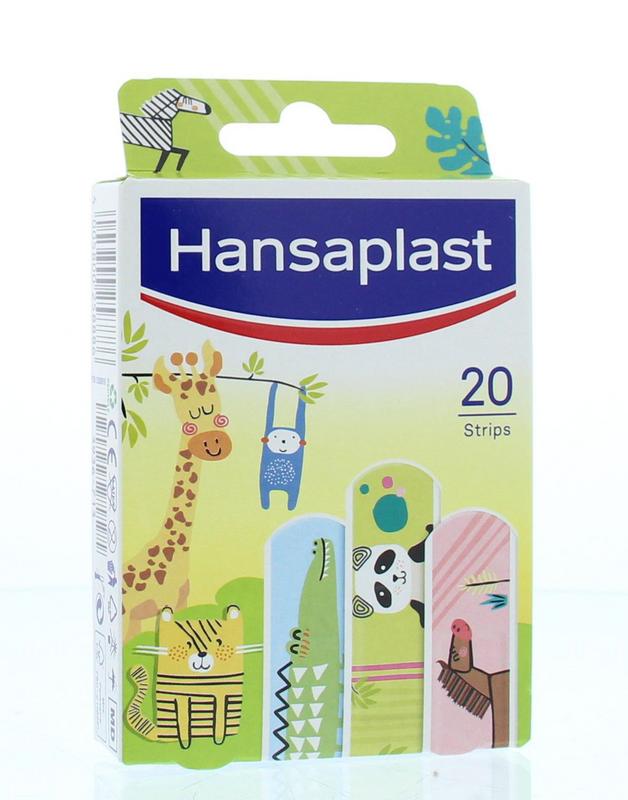 Hansaplast animal-themed bandages and tape pack, 20 pieces, featuring colorful designs for children's first aid.
