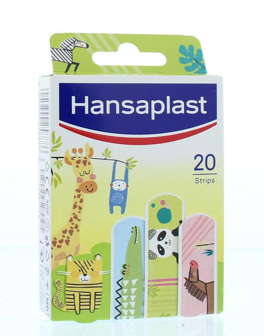 Hansaplast animal-themed bandages and tape pack, 20 pieces, featuring colorful designs for children's first aid.