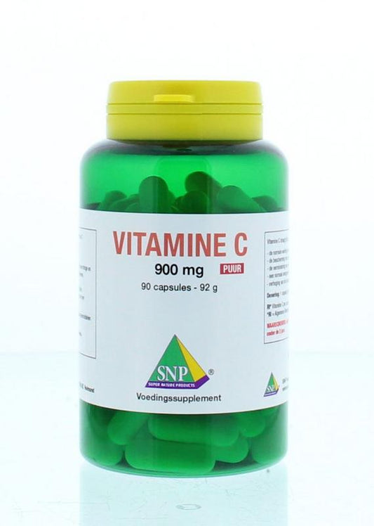 SNP Vitamine C 900 mg pure capsules, natural vitamin supplement, close-up of the bottle with capsules on a white background.