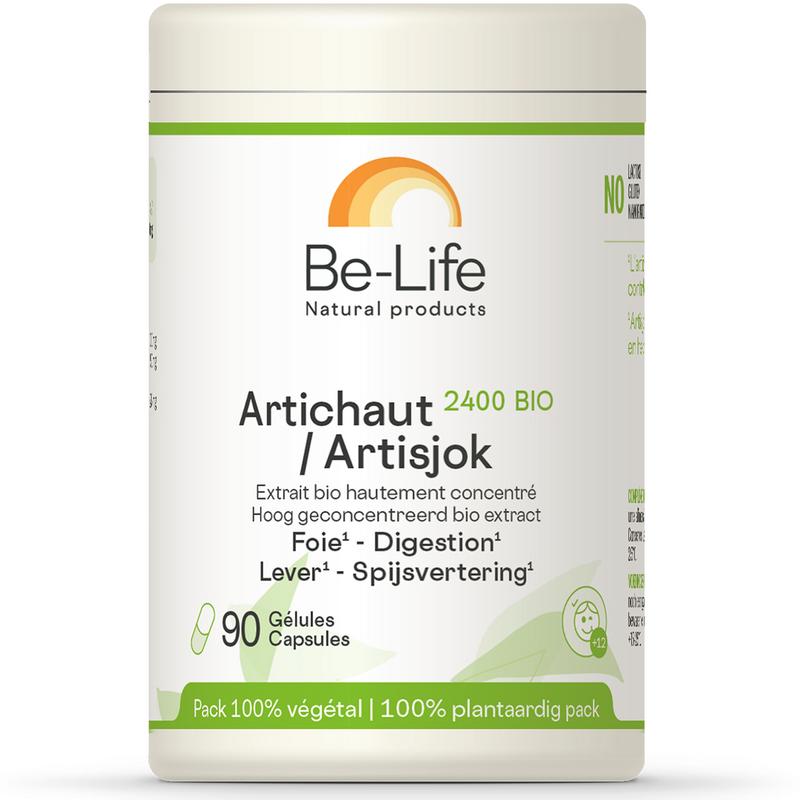 Be-Life Artisjok 2400 bio herbal capsules displayed in a bottle, part of Be-Life's herbal supplement line, Kruidenpreparaten.