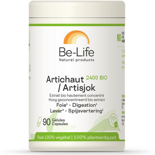Be-Life Artisjok 2400 bio herbal capsules displayed in a bottle, part of Be-Life's herbal supplement line, Kruidenpreparaten.