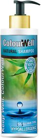 Natural shampoo bottle by Colourwell, 200ml, for hair care, with a sleek design and colorful label.