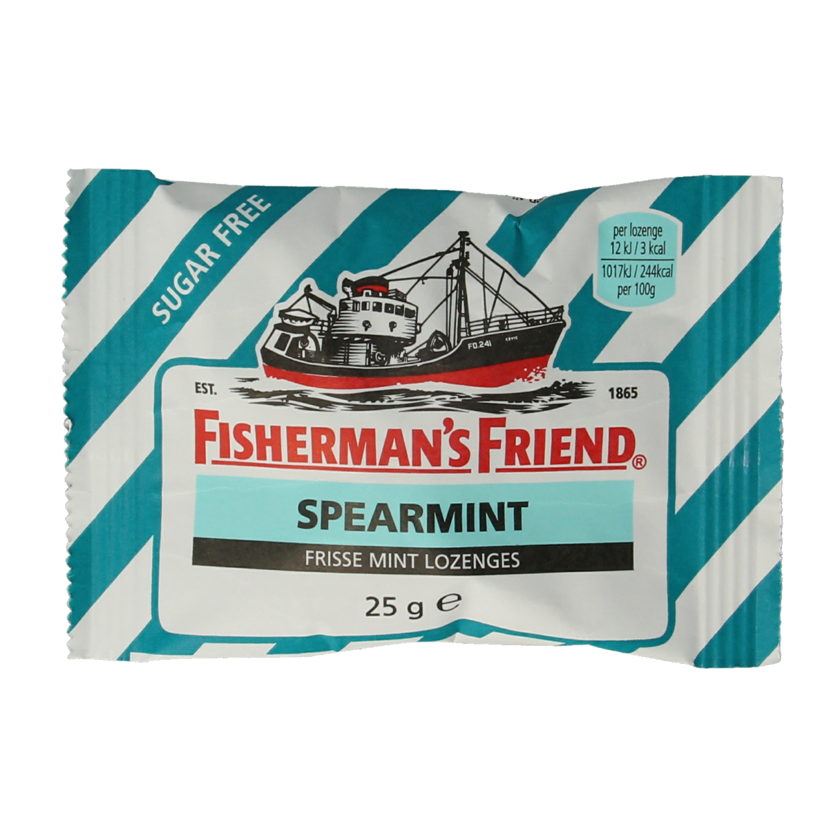 Fisherman's Friend Spearmint sugar-free candy pack, 25 grams, featuring mint-flavored lozenges in a colorful wrapper.