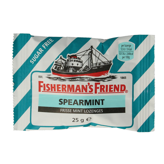 Fisherman's Friend Spearmint sugar-free candy pack, 25 grams, featuring mint-flavored lozenges in a colorful wrapper.