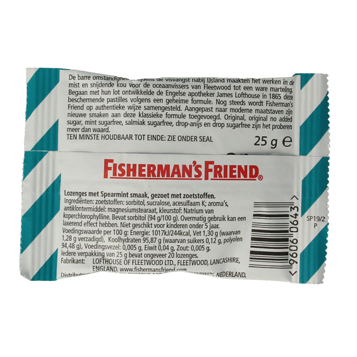 Fisherman's Friend Spearmint sugar-free candy pack, 25 grams, showing spearmint flavored lozenges in bright packaging