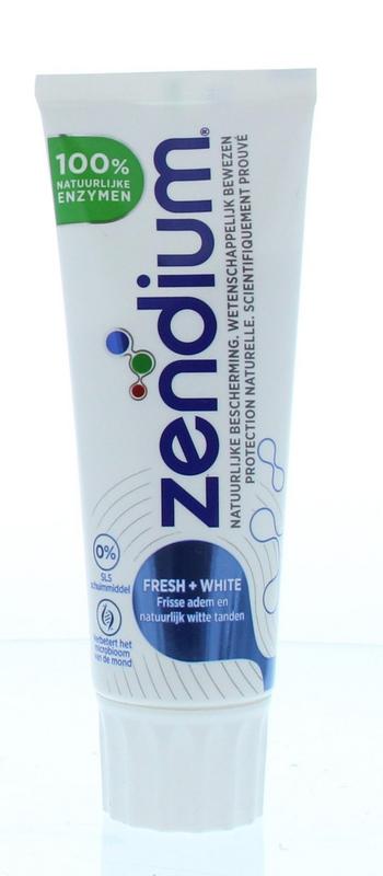 Zendium Fresh & White toothpaste in 75ml tube, featuring clean, bright packaging and a refreshing mint flavor.