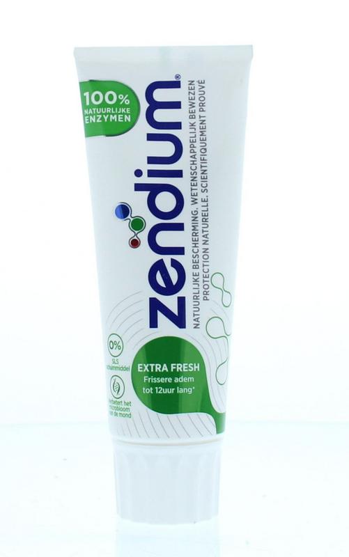 Zendium extra fresh toothpaste in 75ml tube, featuring a clean design and fresh mint flavor, suitable for daily oral hygiene.