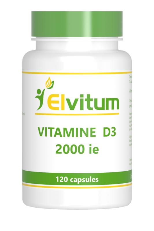Elvitum Vitamin D3 2000IU capsules, natural supplement bottle with 120 vegan capsules for bone health and immune support