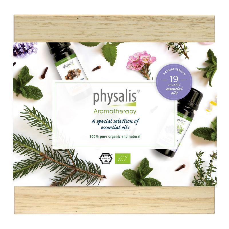 Physalis Aroma luxury bio essential oils set with various glass bottles and natural packaging for aromatherapy.