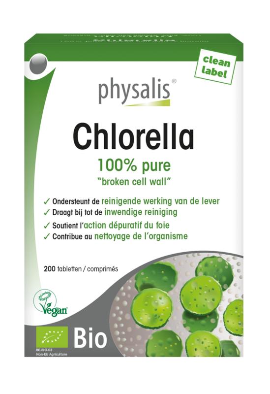 Physalis bio Chlorella tablets, 200-piece container, herbal supplement package with green Chlorella tablets.