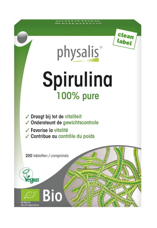 Physalis Spirulina bio supplement, 200 tablets, natural herbal preparation with blue-green algae, in a clear bottle.