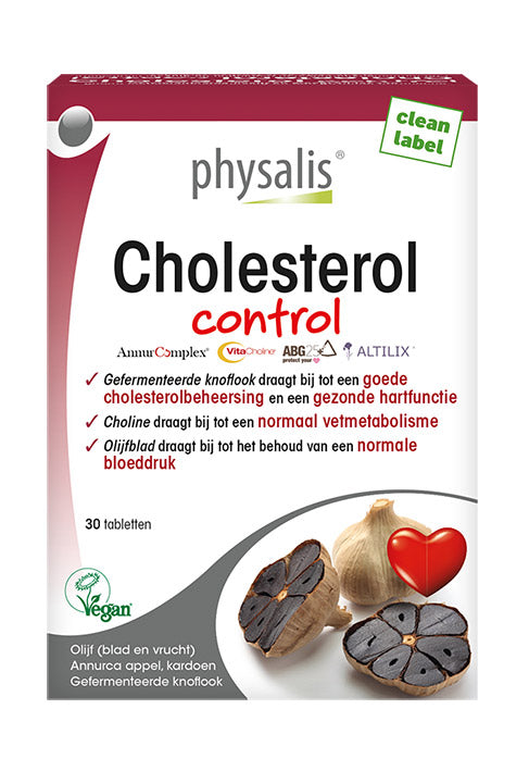 Physalis Cholesterol Control herbal supplement in a bottle of 30 tablets, part of Physalis kruidenpreparaten collection.