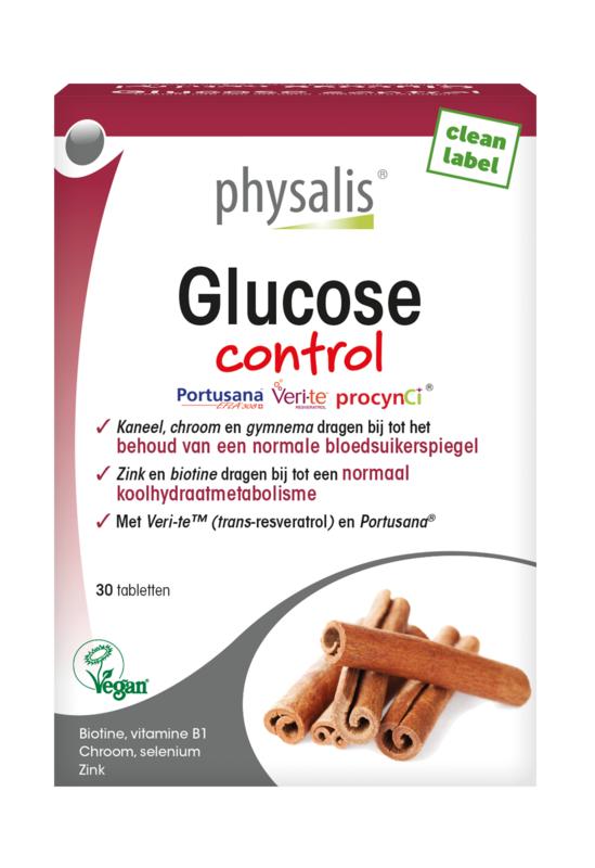 Physalis Glucose control herbal supplement with 30 tablets, showing the packaging and tablets in a natural setting.