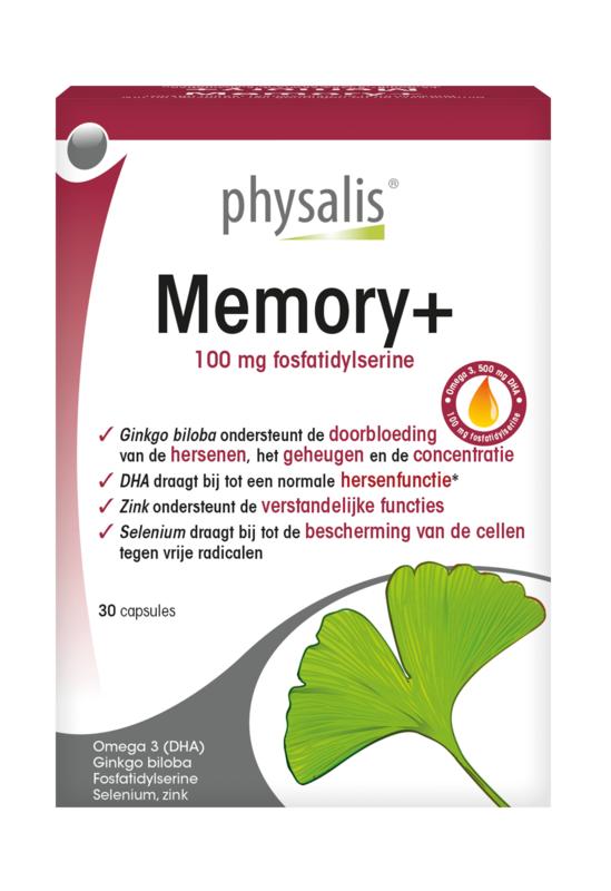 Physalis Memory+ softgels in a bottle, dietary supplement from Physalis for memory support, shown in a close-up image.