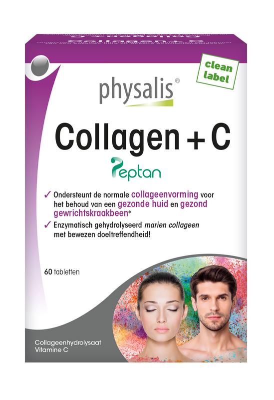 Physalis Collagen + C herbal supplement tablets, showing a bottle of Physalis Kruidenpreparaten with tablets inside.