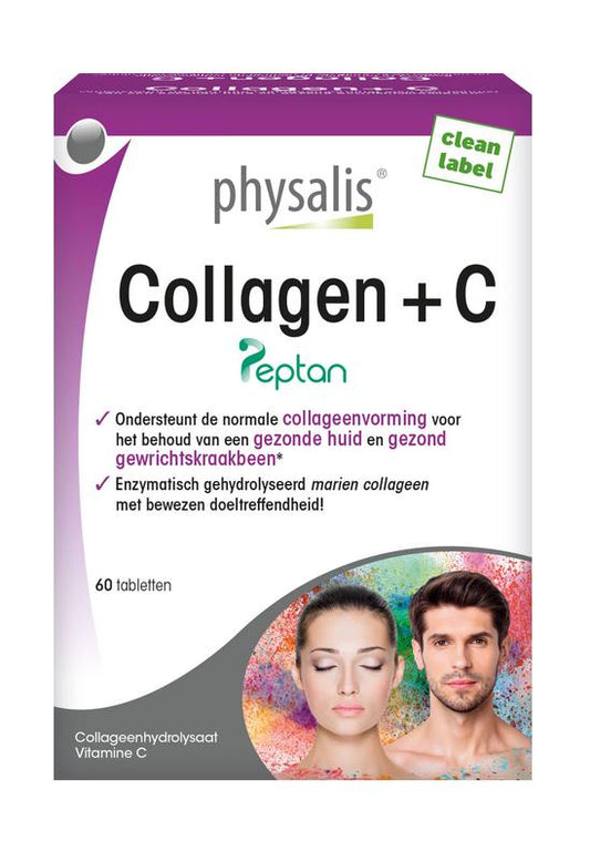 Physalis Collagen + C herbal supplement tablets, showing a bottle of Physalis Kruidenpreparaten with tablets inside.
