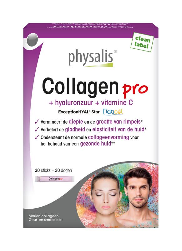Physalis Collagen Pro Sticks in a box, a herbal supplement for skin health, featuring individually wrapped sticks with natural ingredients.