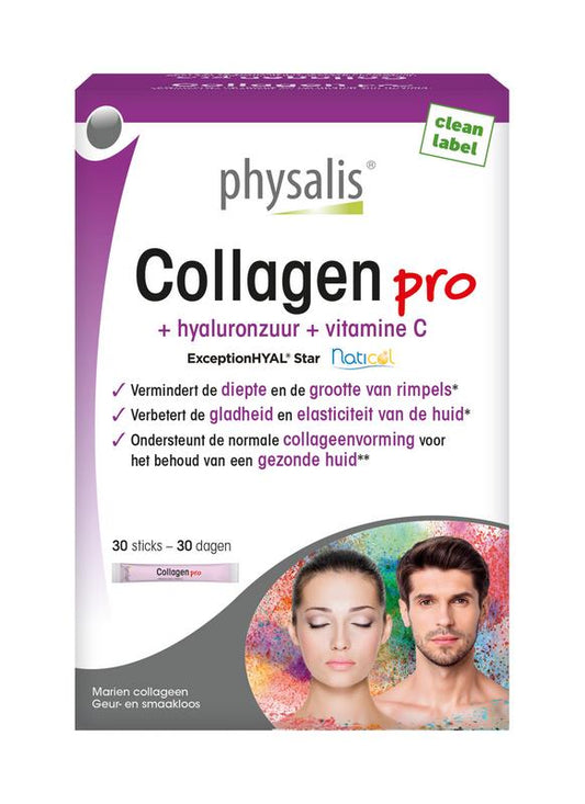 Physalis Collagen Pro Sticks in a box, a herbal supplement for skin health, featuring individually wrapped sticks with natural ingredients.
