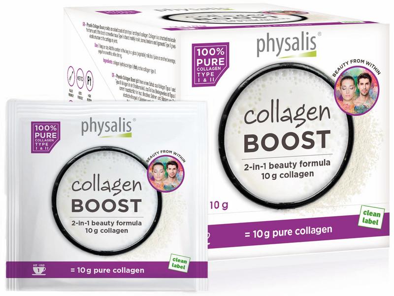 Physalis Collagen Boost 10g sachets, 12-pack, featuring colorful packaging and collagen supplement branding.