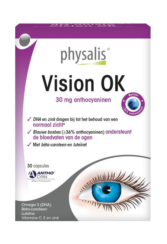 Physalis Vision OK herbal supplement capsules in a bottle, part of Physalis kruidenpreparaten product line.