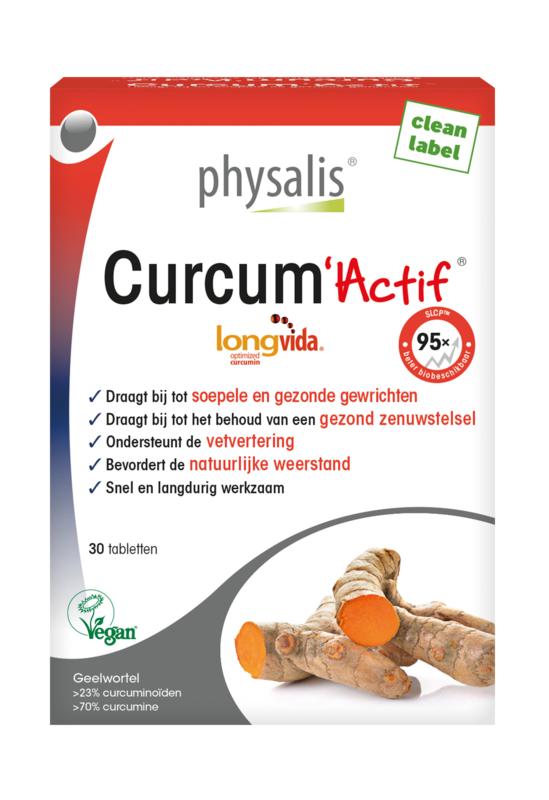 Physalis Curcum actif herbal supplement tablets, 30 count, featuring turmeric-based ingredients in a blister pack.