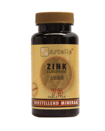 Artelle Zink gluconaat 25mg mineral tablets, showing a close-up of the bottle with 75 tablets inside.