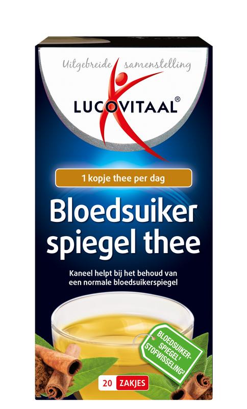 Lucovitaal Bloedsuikerspiegel thee in a box with 20 tea sachets, herbal preparation for blood sugar management.