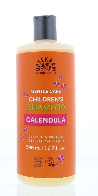 Urtekram Kinder calendula shampoo bottle for children's hair care, 500ml, with natural calendula ingredients.