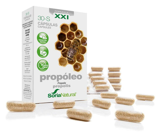 Soria Natural 30-S Propolis XXI herbal supplement capsules, showing a bottle of 30 capsules with herbal extract labels.