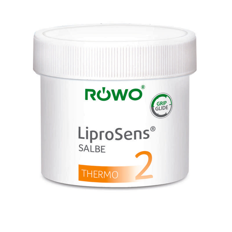 Rowo LiproSens Zalf 2 thermo, 150ml jar, muscle and joint care cream with soothing texture and white packaging.
