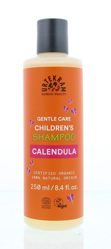 Urtekram Kinder shampoo with calendula, 250ml, gentle hair care for children showing bottle and label.