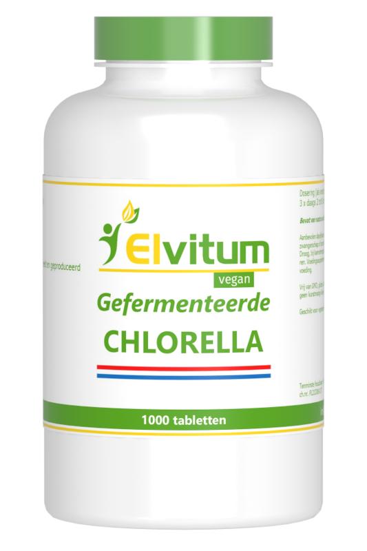 Elvitum Chlorella 250mg supplement, 1000 tablets, herbal preparation, green tablets in a container, natural health product