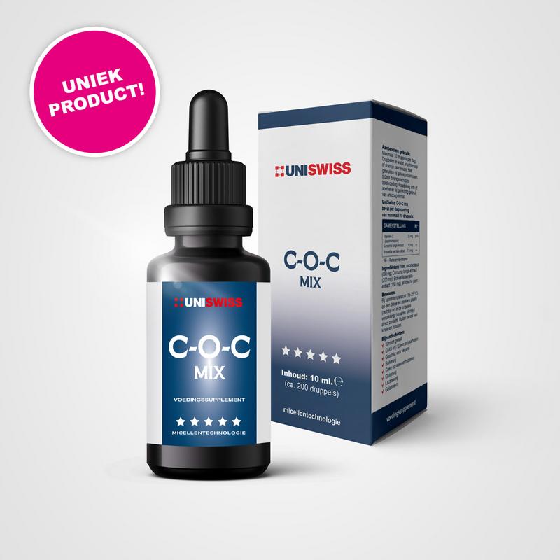 Uniswiss C-O-C mix herbal supplement in 10ml dropper bottle with turmeric, frankincense, and vitamin C in a glass container.
