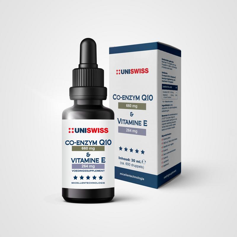 Uniswiss Co-Enzym Q10 with vitamin E supplement in a 30ml bottle, part of the multivitamin product range.